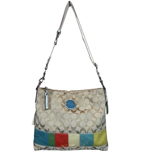 Coach Signature C Jacquard Tan Patchwork Stripe Shoulder Bag EUC - Picture 3 of 14